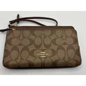 COACH Large Double Zip Wristlet Wallet In Signature Canvas Khaki Saddle